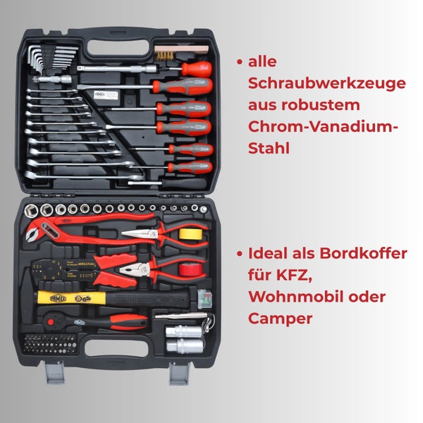 Offener Werkzeugkoffer mit Schraubenschlüsseln, Zangen, Schraubendrehern und Hammer