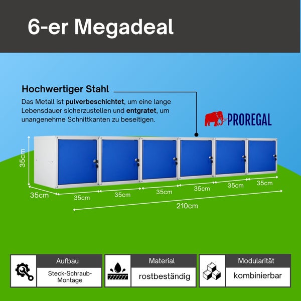 ProRegal Logo. Schließfach-Set aus Stahl, 210 Zentimeter Breite. Maße pro Fach 35 mal 35 mal 35 Zentimeter. Rostbeständig und modular.