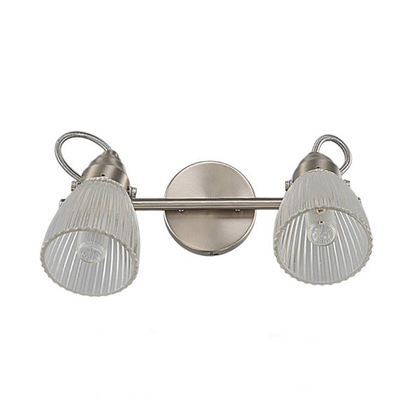 Zweiflammige Wandleuchte mit verstellbaren Spots aus Metall und Lampenschirmen aus geriffeltem Glas.