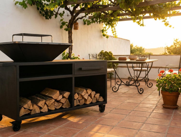Außenküche mit Grill und integriertem Brennholzregal auf einer mediterranen Terrasse mit Sitzgruppe unter einer Weinlaube.
