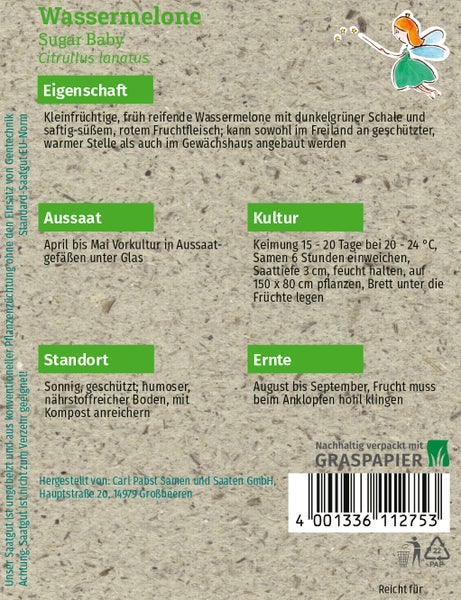 Rückseite der Saatgutpackung für Wassermelone Sugar Baby von Carl Pabst mit Informationen zu Aussaat, Standort, Kultur und Ernte.