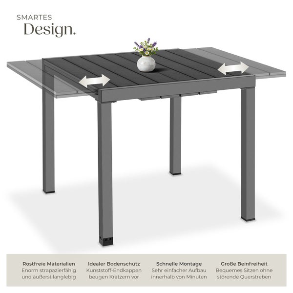 Ausziehbarer Gartentisch mit pflegeleichter Tischplatte, robustem Metallgestell und schützenden Kunststofffüßen für den Außenbereich.