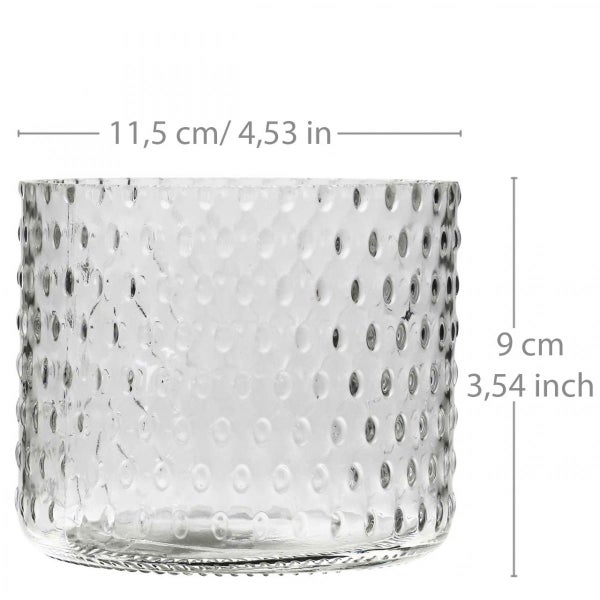 Windlicht aus strukturiertem Glas mit einem Durchmesser von 11,5 Zentimeter und einer Höhe von 9 Zentimeter.