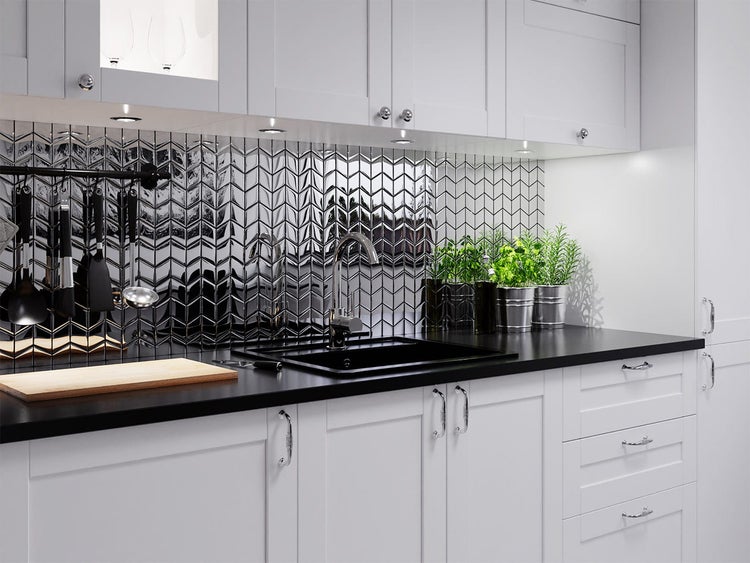 Glasmosaik auf Netz für Bad und Küche 26.5cm x 30.5cm - Magic Silver Chevron