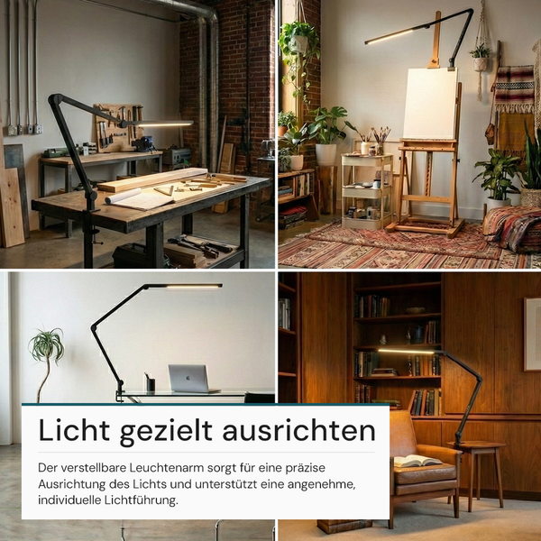 Mehrfachansicht einer verstellbaren Schreibtischleuchte in verschiedenen Arbeitsumgebungen.