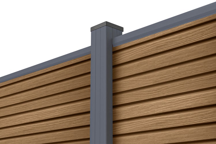 Sichtschutzelement aus Holzoptik Kunststoff mit stabilem Metallpfosten und Abdeckleiste