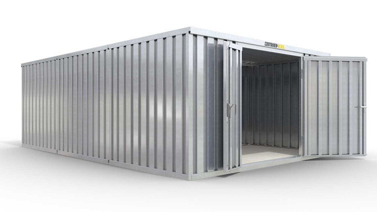 Lagercontainer Gerätehaus M3  – 18 qm, H2150 x B3050 x T6520 mm, verzinkt, mit Holzfußboden, 1830 mm Doppelflügeltür mittig in Stirnseite, zerlegt