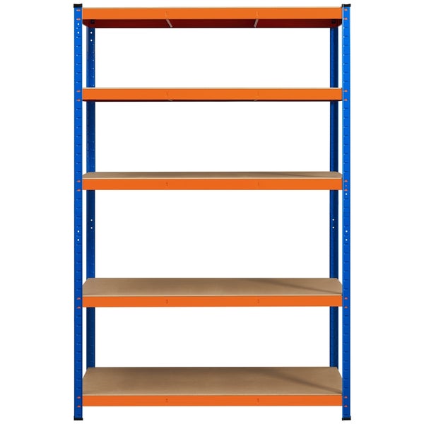 Schwerlastregal mit fünf Holzböden und Metallrahmen in Blau und Orange für die Aufbewahrung in Werkstatt oder Garage.