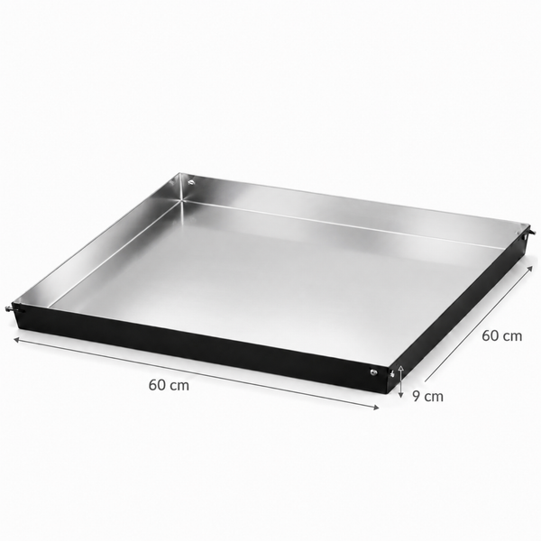 Quadratische Auffangwanne aus Metall mit den Maßen 60 mal 60 mal 9 Zentimeter