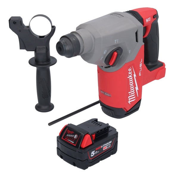 Milwaukee M18 FUEL Akku-Kombihammer mit Zusatzhandgriff, Tiefenanschlag und M18 5,0 Ah RedLithium Akku.