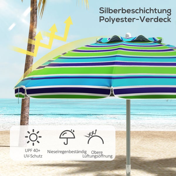 Gestreifter Sonnenschirm am Strand mit Silberbeschichtung, UPF 40 plus UV-Schutz, nieselregenbeständig und Belüftungsöffnung oben.