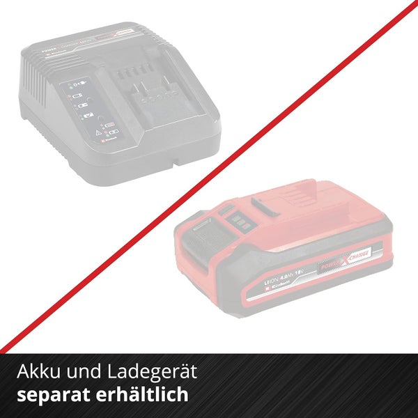 Einhell Power X Change Akku und Ladegerät in einer Set Darstellung, Hinweis auf getrennte Verfügbarkeit der Komponenten.