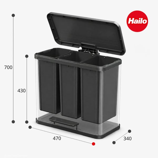 Hailo Mülltrennsystem mit drei Inneneimern und Pedalöffnung, Maße 700 mal 470 mal 340 Millimeter, für die Abfalltrennung.