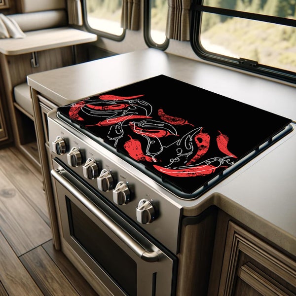 Herdblende-/Abdeckplatte Abdeckplatte Herd - Acrylglas Chilli Schoten Rot Schwarz | Spritzschutz | Lokal produziert Camping | COV00054 | 60cm x 52cm  x 0.4cm