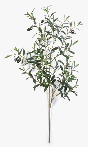 Künstlicher Olivenzweig mit grünen Blättern und dunklen Oliven zur Dekoration.