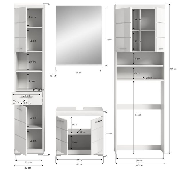 Maßzeichnung für ein Badezimmermöbel Set bestehend aus Hochschrank, Spiegel, Waschbeckenunterschrank und Regal mit Angaben in Zentimeter.