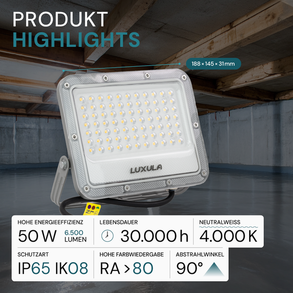Luxula LED-Flutlichtstrahler mit hoher Energieeffizienz, 50 Watt, 6500 Lumen, Schutzart IP65 IK08, Lebensdauer 30000 Stunden, neutralweiß 4000 Kelvin, hohe Farbwiedergabe Ra größer 80 und 90 Grad Abstrahlwinkel.
