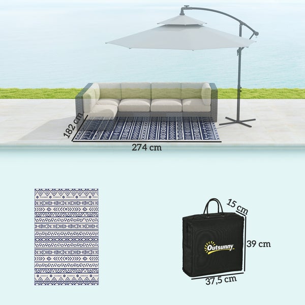 Outsunny Outdoor Teppich robuster Wetterfest Outdoorteppich, Carpet mit Boho-Style, Outdoor-Teppich für Wohnzimmer Balkon Garten Terrasse Bad Flur Küche, 182 x 274 cm Blau+Weiß
