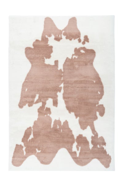 Rechteckiger Teppich mit abstraktem Kuhfell-Muster in Braun und Weiß.