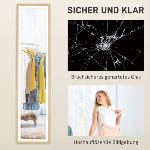 Ganzkörperspiegel mit LED-Beleuchtung und Holzrahmen, bruchsicheres gehärtetes Glas, hochauflösende Darstellung.