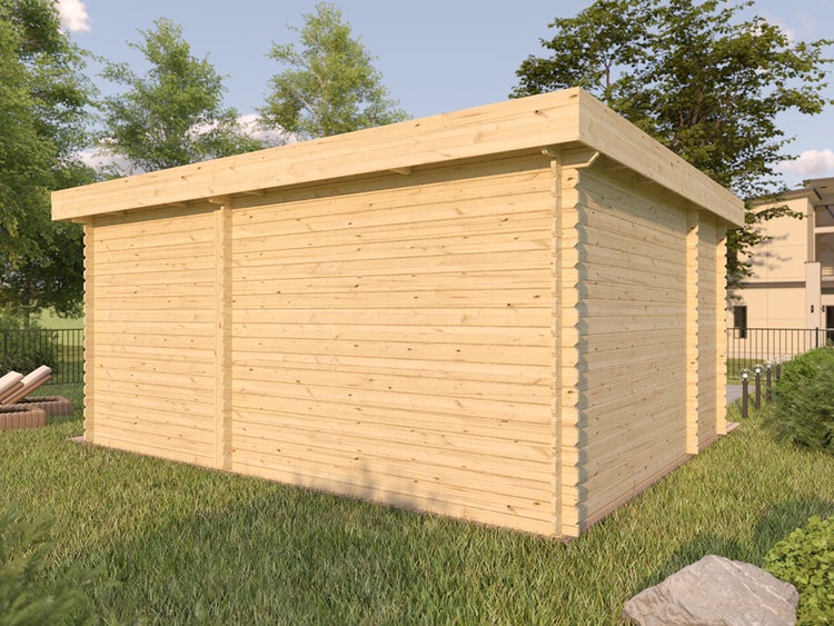 Gartenhaus aus Holz mit Pultdach in einem Garten auf einer Rasenfläche.