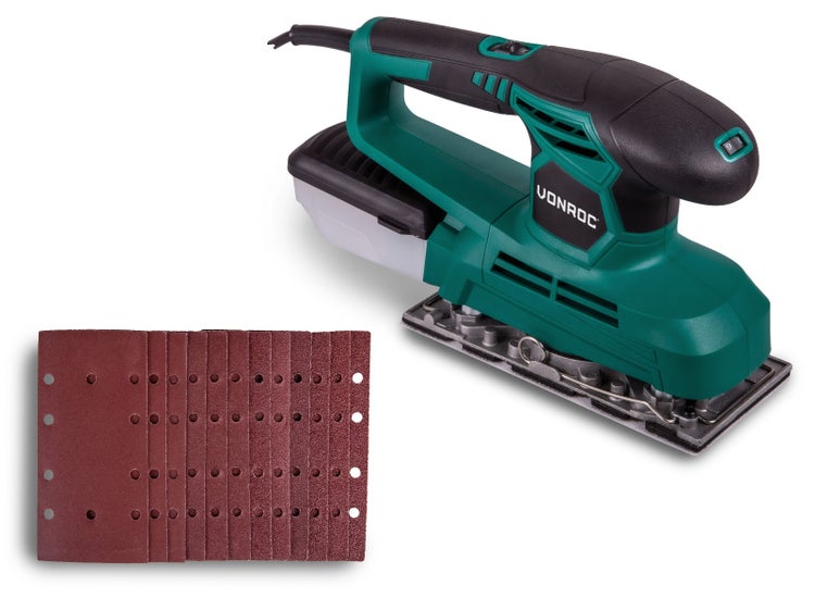 VONROC Schwingschleifer 240W - Effektive Schleifmaschine [11.000 U/min] Schleifer Holz, 90x187mm, Inkl. Staubsammelbehälter & 12 Schleifpapiere