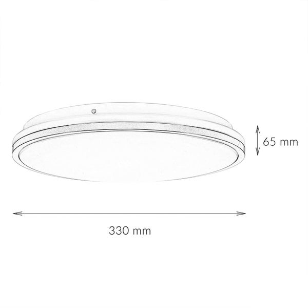 Runde LED Deckenleuchte mit einer Höhe von 65 Millimeter und einem Durchmesser von 330 Millimeter.