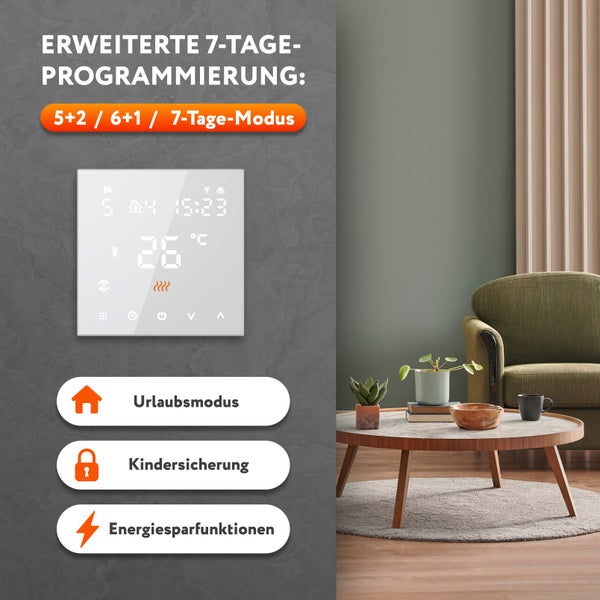 Digitaler Raumthermostat mit erweiterter 7-Tage-Programmierung zur Temperaturregelung im Wohnraum.