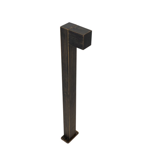 Moderne rechteckige Pollerleuchte aus Metall in Schwarz-Gold-Optik für den Außenbereich.