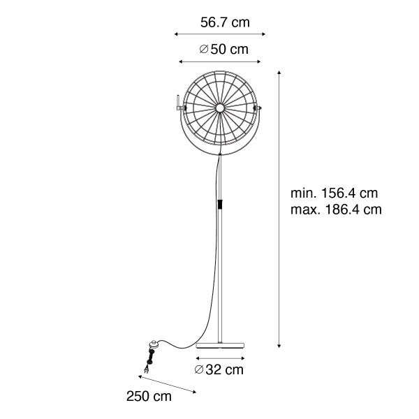 Dimensionszeichnung eines Standventilators mit den Maßen 56,7 cm Breite, 50 cm Durchmesser Kopf, 32 cm Durchmesser Fuß und einer Höhe von 156,4 bis 186,4 cm.