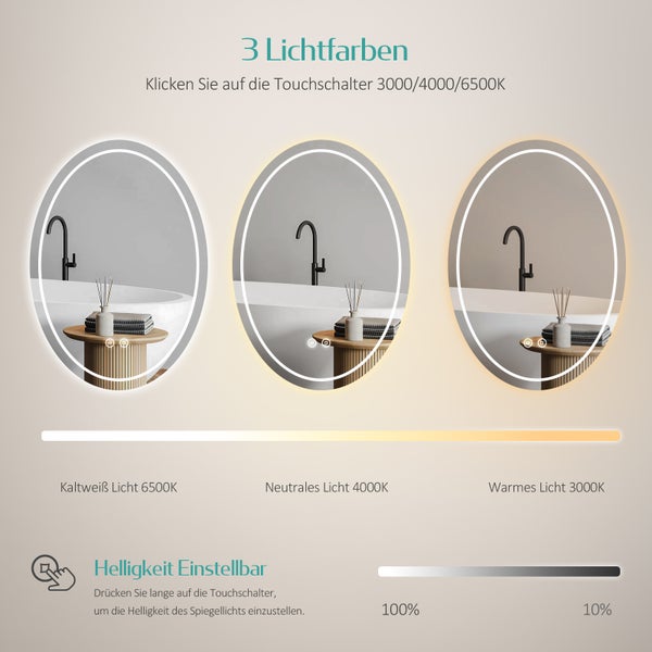 Drei Lichtfarben und einstellbare Helligkeit eines Spiegels mit Touchschalter.