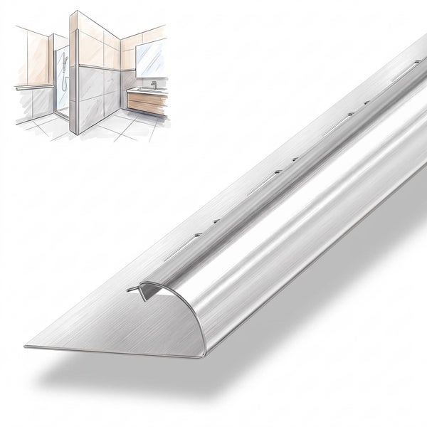 Fliesenschiene aus Metall fuer saubere Kantenabschluesse an Wand und Boden mit einer Skizze der Anwendung im Badezimmer