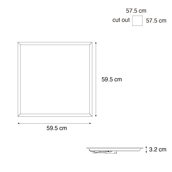 Technische Zeichnung eines Spiegels mit den Maßen 59,5 cm mal 59,5 cm und einer Tiefe von 3,2 cm, inklusive Ausschnittsmaß von 57,5 cm mal 57,5 cm.