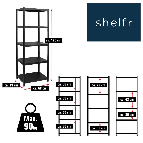 Schwarzes Metallregal mit fünf Böden, Maße circa 170 mal 62 mal 41 Zentimeter, maximale Tragkraft 90 Kilogramm. shelfr Logo.