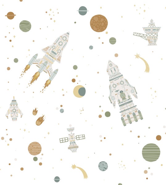 Tapete für Kinder mit Weltraummotiven bestehend aus Raketen, Planeten, Satelliten und Sternen.