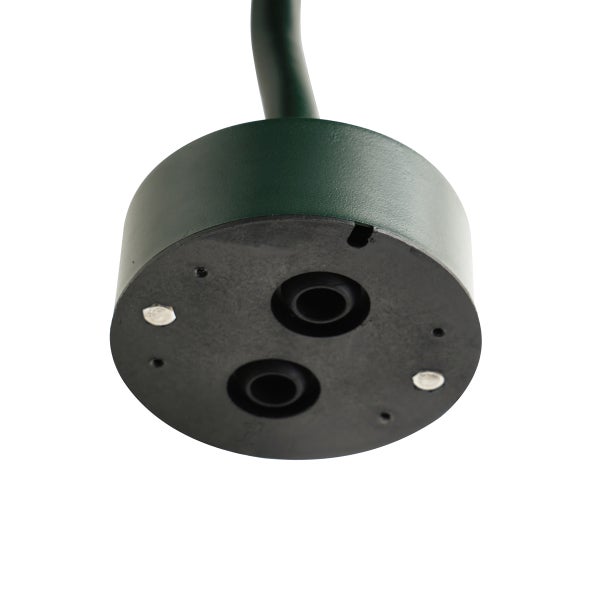 Wandhalterung für Außenleuchte aus Metall in Grün mit zwei Kabeleinführungen.