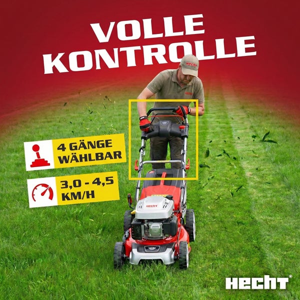 Hecht Rasenmäher mit Geschwindigkeitsregelung und der Aufschrift Volle Kontrolle
