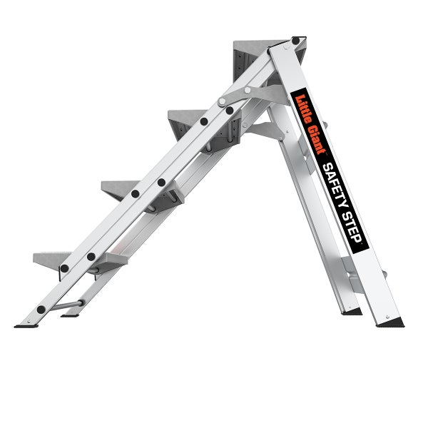 Eine dreistufige Little Giant Safety Step Trittleiter aus Aluminium für den sicheren Einsatz.