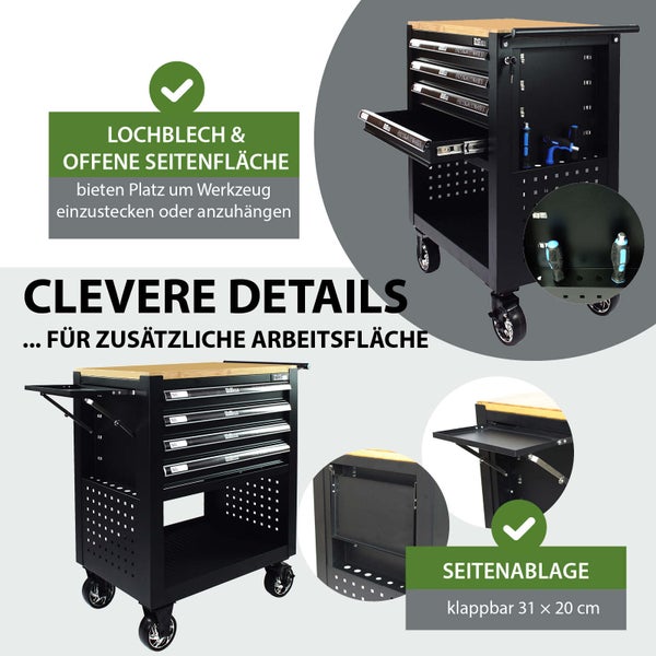 Werkzeugwagen mit Lochblech, Schubladen und seitlicher Ablage für zusätzlichen Stauraum und Arbeitsfläche.