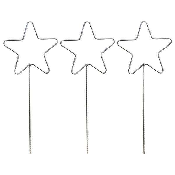 Drei Gartenstecker in Sternform aus geripptem Metall für die Pflanzenunterstützung oder Dekoration.