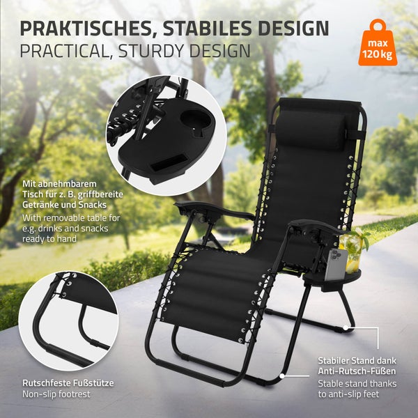ML-Design Sonnenliege klappbar Schwarz, Liegestuhl mit verstellbarem Kopfpolster & Rückenlehne, Gartenliege wetterfest mit Schnürsystem, Zero Gravity Outdoor Relaxliege, Gartenstuhl mit Getränkehalter