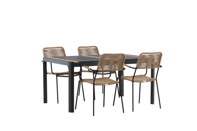 Togo Gartenset Tisch 90x150cm schwarz, 4 Stühle Lindos braun. 90 X 150 X 75 cm