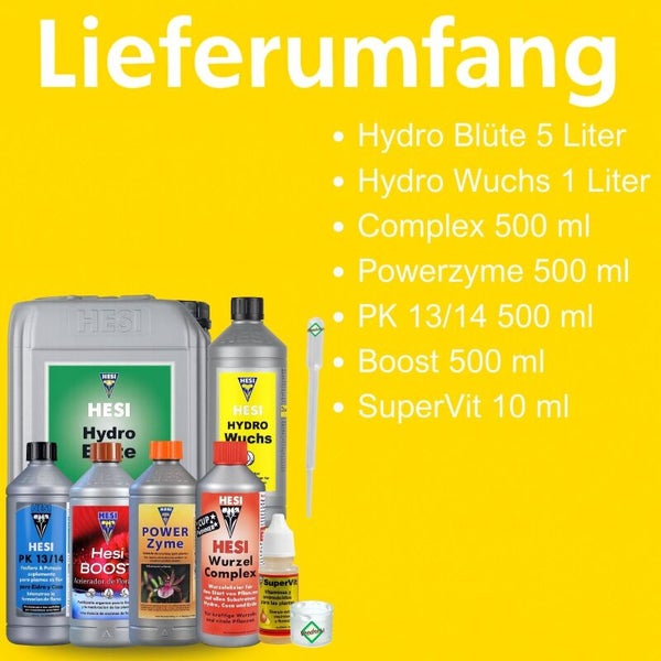 Hesi Set: Hydro Blüte 5 Liter, Hydro Wuchs 1 Liter, Complex, Powerzyme, PK 13 14, Boost je 500 Milliliter und SuperVit 10 Milliliter sowie Zubehör.