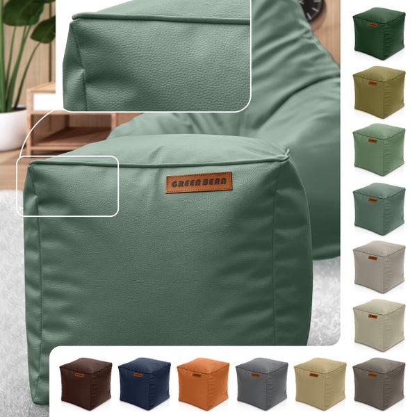 Nahaufnahme eines würfelförmigen Sitzsacks mit Lederetikett der Marke Green Bean