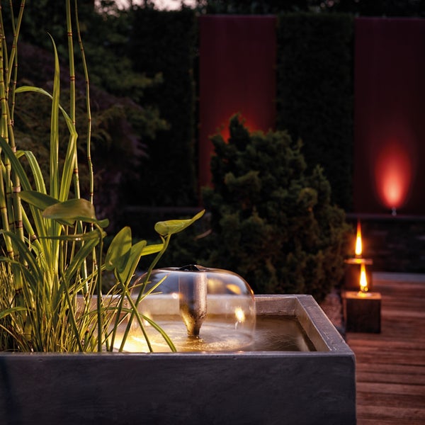 Beleuchteter Gartenbrunnen mit Wasserglocke in einem grauen Becken, umgeben von Pflanzen in einer stimmungsvoll beleuchteten Gartenlandschaft.