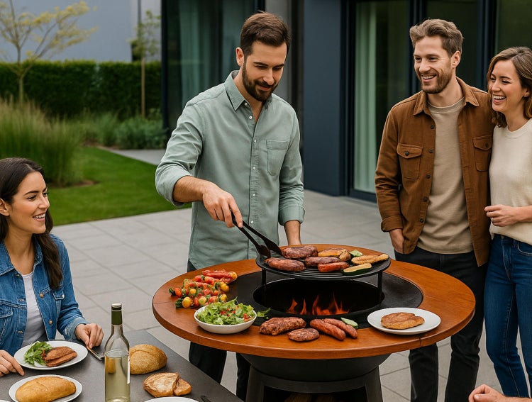Gruppe von Personen beim Grillen im Freien mit einem runden Grilltisch.