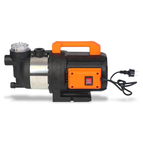 Fuxtec Gartenpumpe aus Edelstahl und Kunststoff in Schwarz und Orange mit Tragegriff, integriertem Vorfilter und Ein-Aus-Schalter.