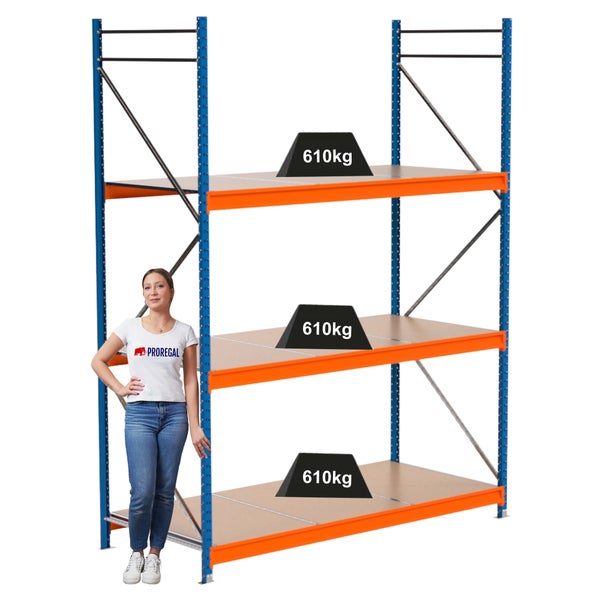 Lagerregal mit drei Ebenen, Traglast 610 Kilogramm pro Ebene und Frau zum Größenvergleich