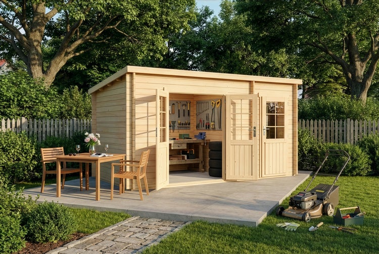 Gartenhaus aus hellem Holz mit Doppeltür, Werkstatt-Inneneinrichtung, Holzmöbeln auf der Terrasse und Rasenmäher im Garten.