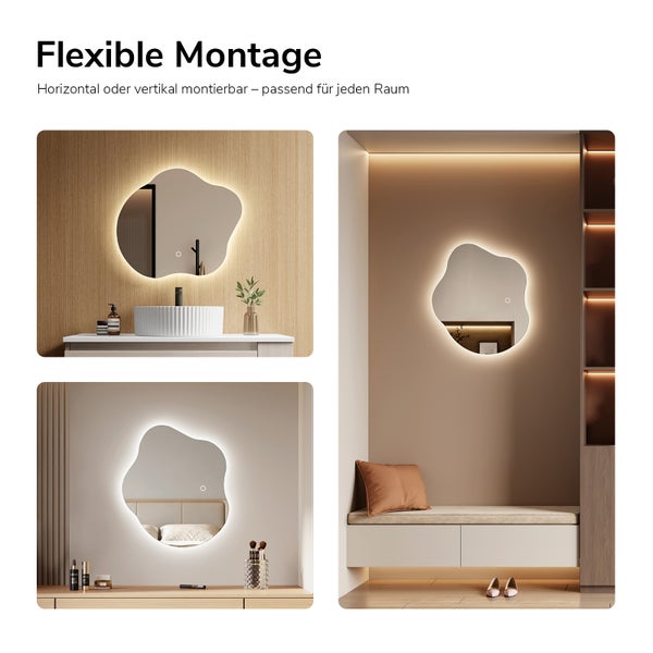 Wandspiegel in organischer Form mit LED-Beleuchtung, horizontal und vertikal montierbar, gezeigt in Badezimmer, Schlafzimmer und Flur.
